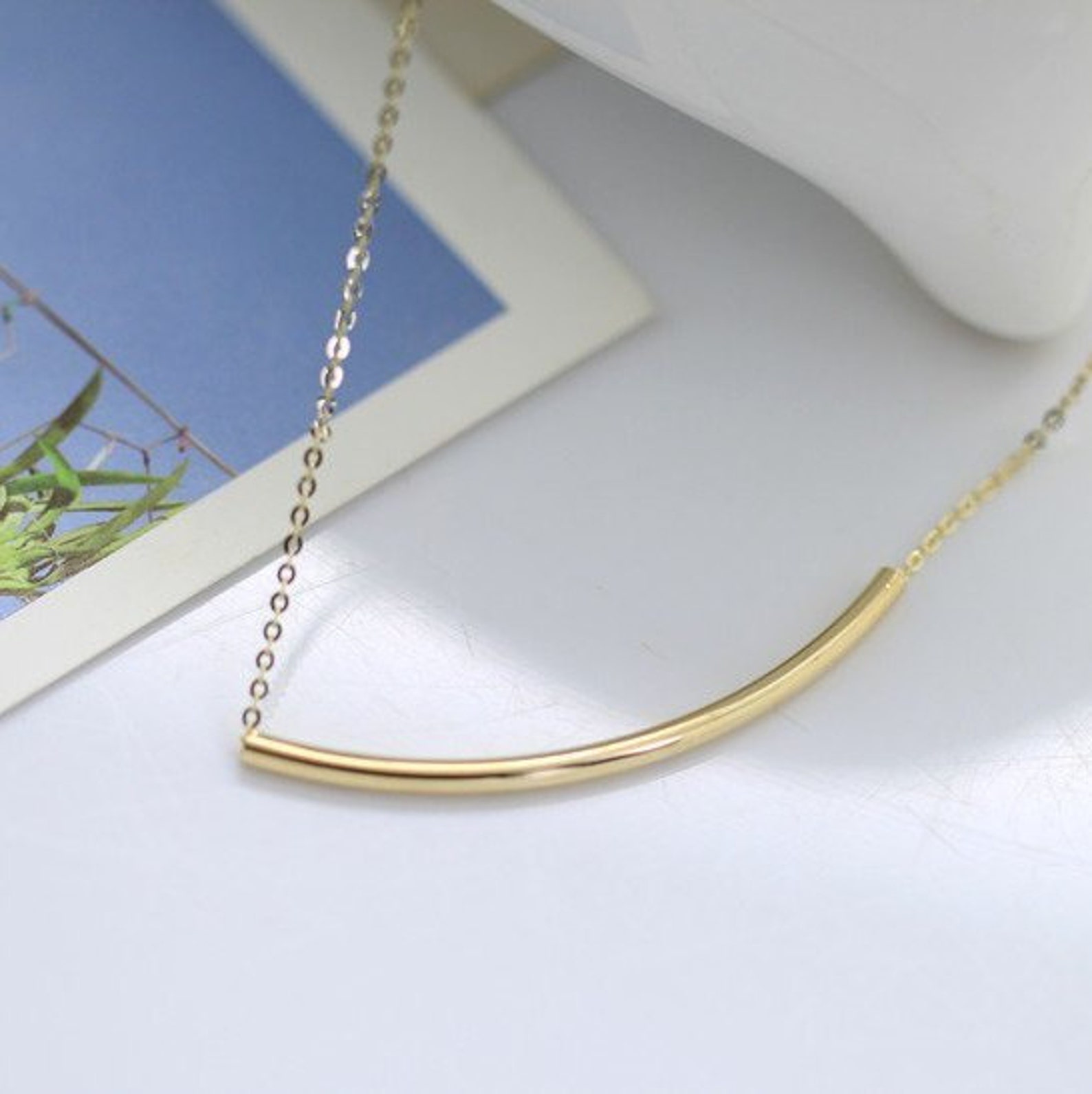 14K Solid Gold Simple Curved Bar Necklace Curved Tube Necklace Etsy