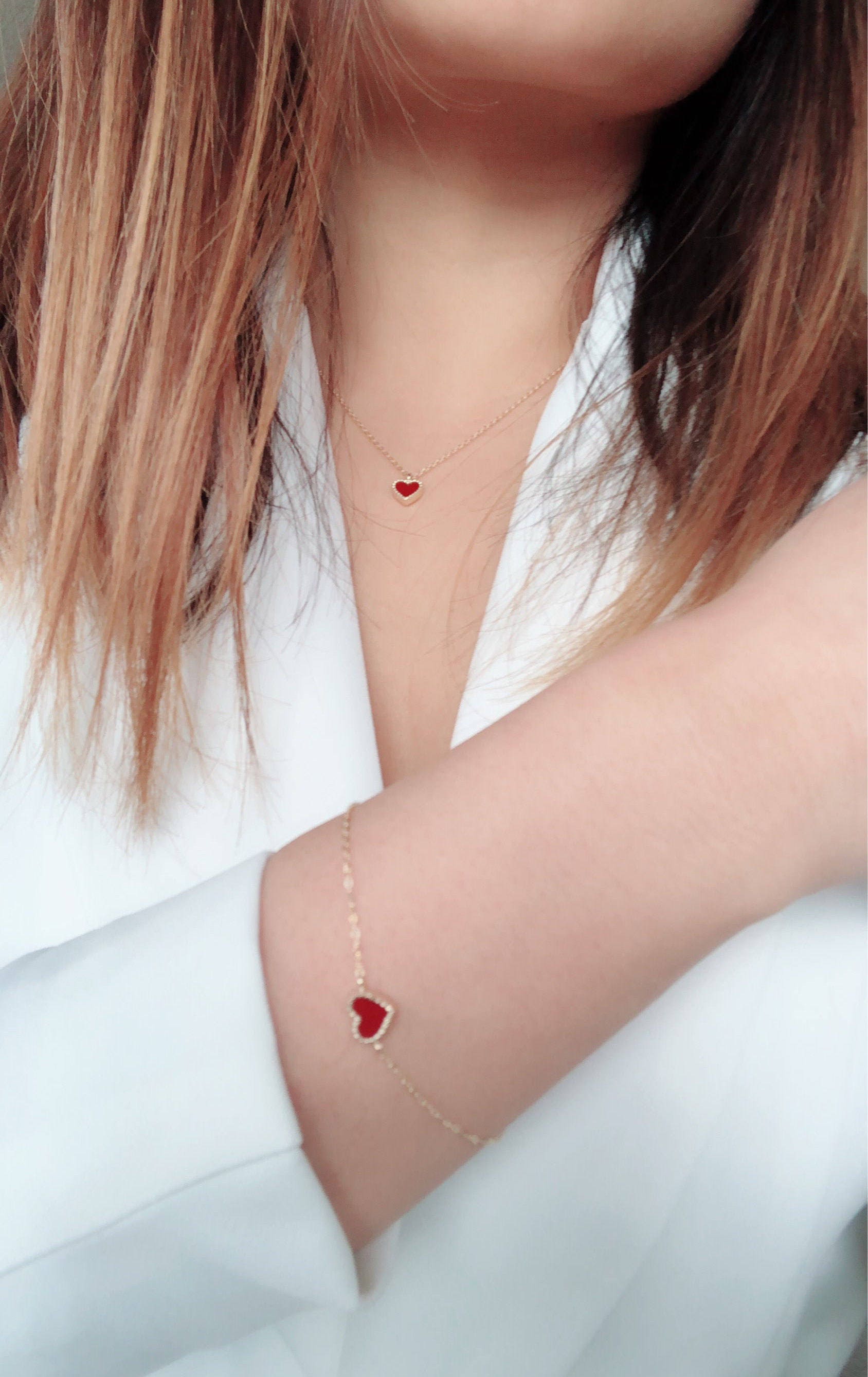 14K Solid Gold Red Agate Tiny Heart Charm Love Red Heart Charm