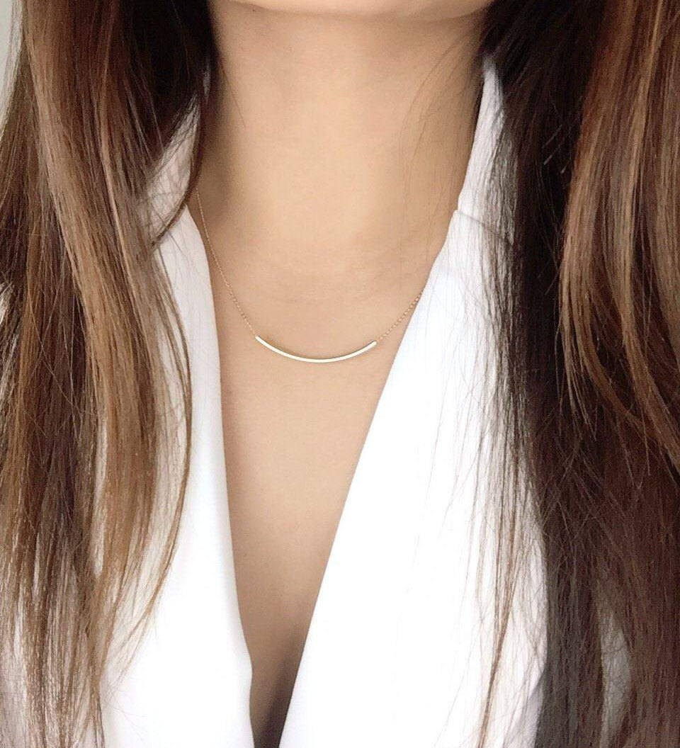 14K Solid Gold Simple Curved Bar Necklace Curved Tube Necklace Etsy