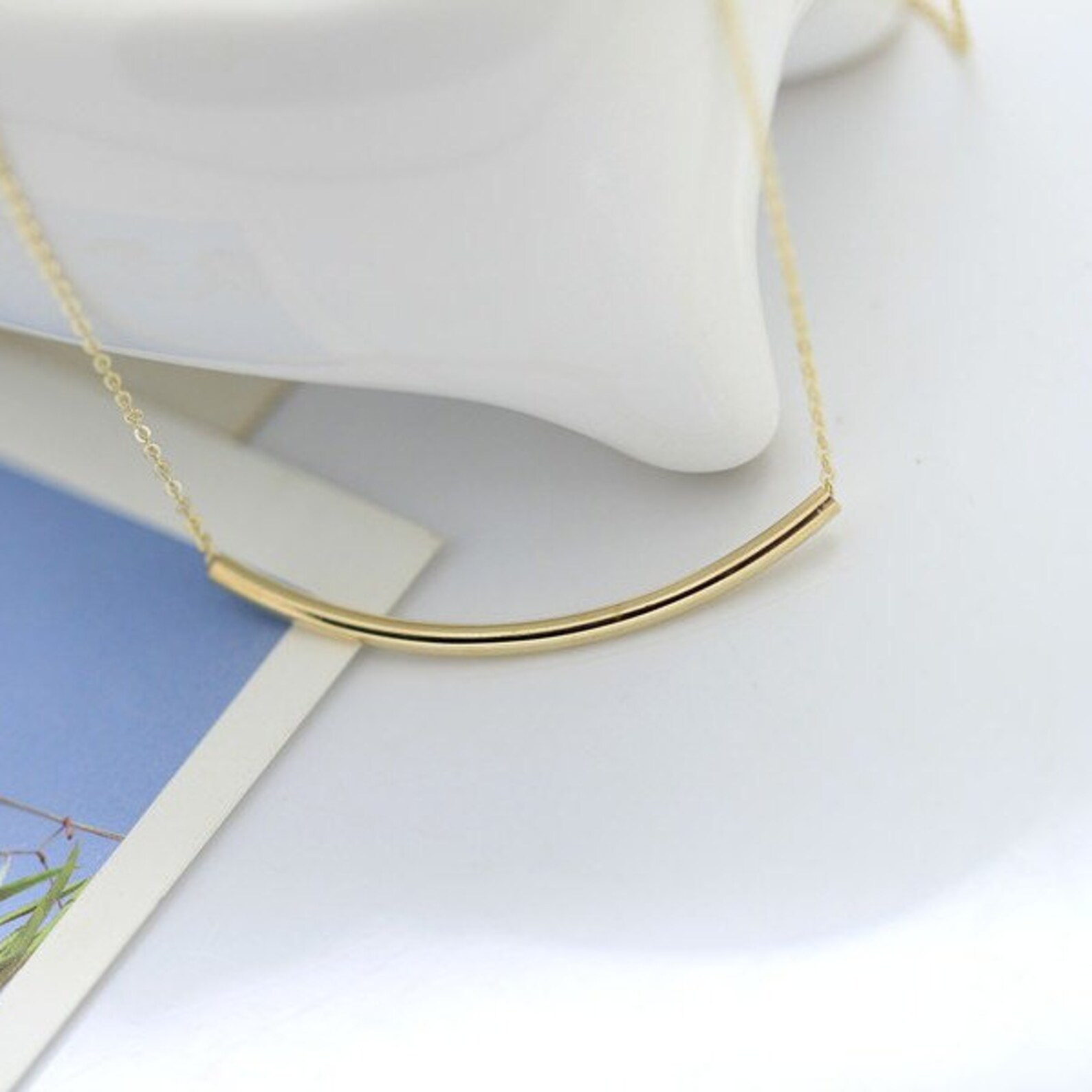 14K Solid Gold Simple Curved Bar Necklace Curved Tube Necklace Etsy