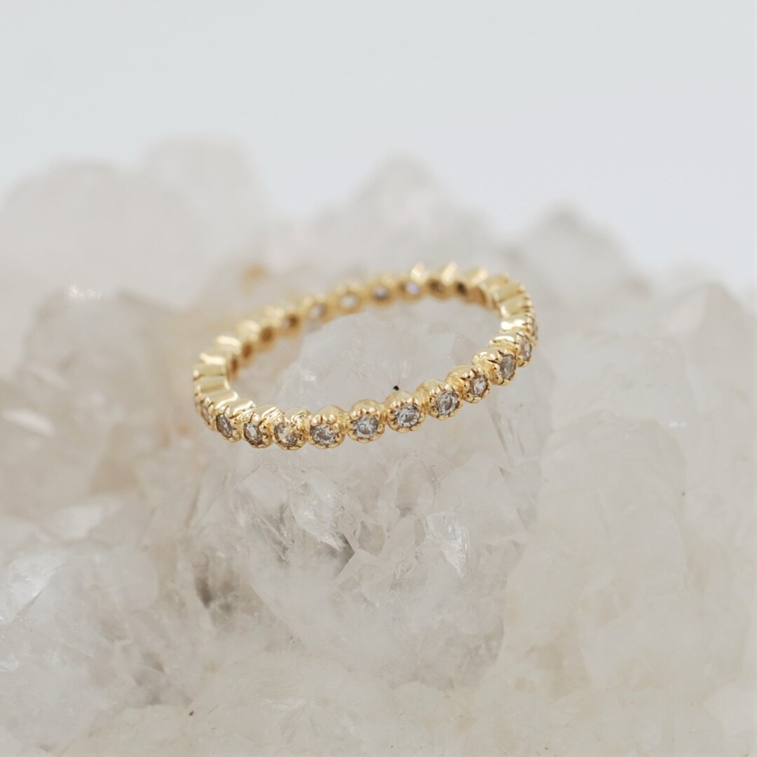 14k Solid Gold Millegrain Setting Eternity Wedding Band Multi - Etsy