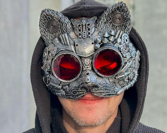Steampunk Cat Mask – Gothic Masquerade Costume –Unique Handmade Face Mask for Ball, Cocktail Party,