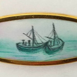 Brosche Schiffsmotiv Vintage 80er Segeln Meer Seidenmalerei Modeschmuck Nautik Geschenk für Schiffsliebhaber