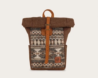 Small Brown Roll Top Backpack, Unisex Daypack, Kilim Backpack For Laptop, Men's Satchel, Ladies Boho Bag, Boho Rucksack, School Bookbag