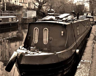 Narrow boat along the Regent's Canal Camden London England UK b/w picture photograph photographic print