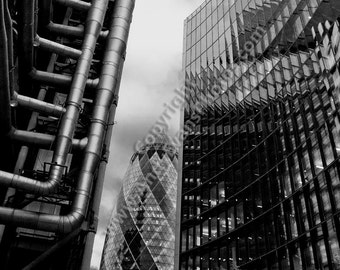 30 St Mary Axe The Gherkin Lloyds and Willis Building London England b/w picture photo photograph photographic print