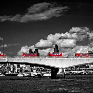 Red London Transport Buses Waterloo Bridge River Thames England Photograph Picture Print