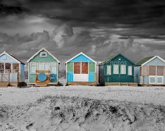 Beach huts along sandy beach at Hengistbury Head Christchurch Bournemouth Dorset England landscape photograph  picture fine art b/w print