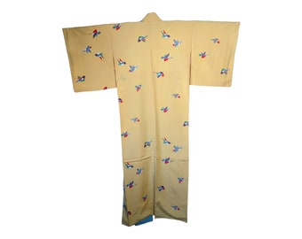 Vintage Japanese long Kimono (full length)/ Yellow/ Birds/ Silk