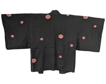 Vintage Japanese kimono (Haori jacket)/ Silk/ Black & Pink/ Floral/ Shibori (hand-tie dyed)