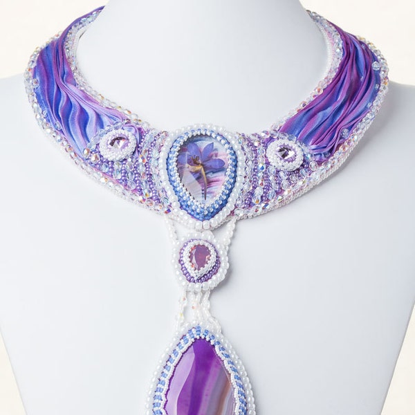 Reserved Real flower and shibori silk necklace Bridal necklace embroidered Lilac Crystal