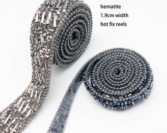 1.9CM Width Hematite Beads Reel Hot Fix Beads Trim,DIY Accessories, Garments Lace Ribbon,Iron on Glue Rhinestone Ribbon,Ship by DHL