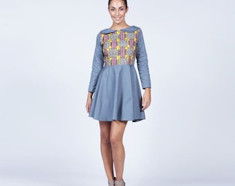 Blue dress, Short dress, Peter Pan Dress, Blue Peter pan dress with Ankara, Peter pan collar dress,