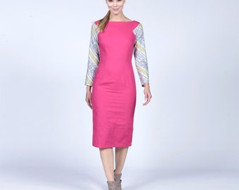 Pink Dress, Evening dress, Pink Bodycon Dress, Pink and Print Dress, Midi dress, Funky dress, Pink cocktail dress