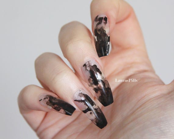Black Smoke Ink Extra Long Coffin False Nails Halloween Etsy