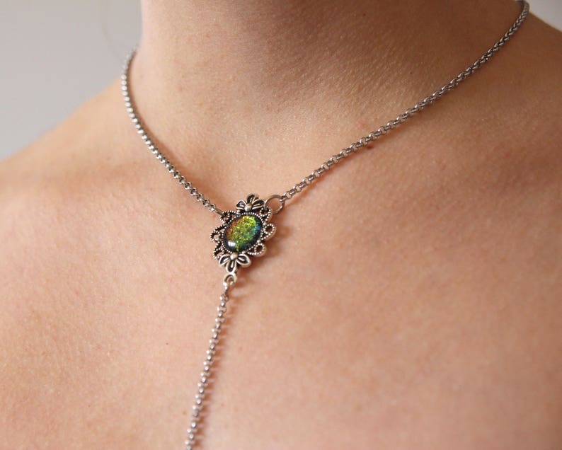 minimalistic jewelry Lariat y necklace holographic jewelry Y necklace with sparkling holographic charm glitter jewelry