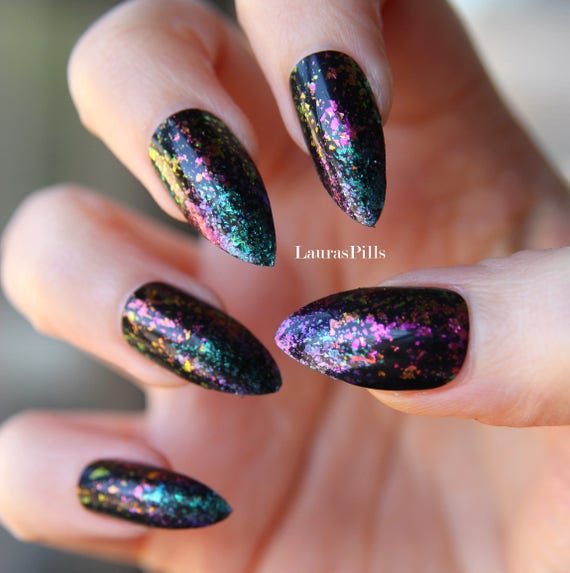 Metallic stiletto nails! Rainbow flakies nails, false nails, fake nails, black stiletto