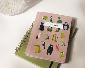 Notitieboekje met jungledieren als thema, dagboek met eigen naam, cadeaubriefpapier