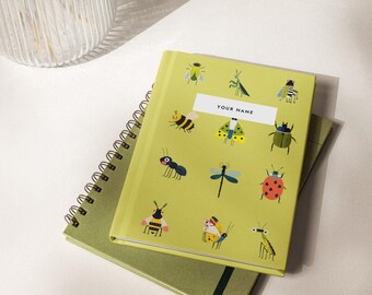 Notitieboekje met gepersonaliseerd insectenmotief, dagboek met eigen naam, cadeaubriefpapier