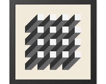 Ingelijste kunstprint met monochrome en isometrische vierkanten, moderne wanddecoratie, ingelijste poster