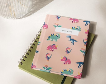 Gepersonaliseerd dinosaurusnotitieboekje, dagboek met eigen naam, cadeaubriefpapier