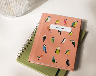 Notitieboekje met gepersonaliseerde vogelprint, dagboek met eigen naam, cadeaubriefpapier