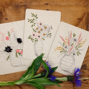 Striped Bouquets embroidery kit Set of 3 embroidery cards printed on recycled or white drawing paper An original and floral DIY gift