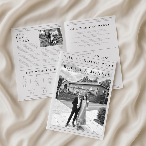 Personalised Wedding Newspaper - Wedding Favour, Order of the Day, Wedding Activity - Modern Aesthetic - Made to order & designed in the UK