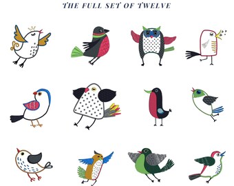 A Set of 12 Wee Birds - Embroidery Designs for machine embroidery. Available in PES, JEF, DST and more formats.