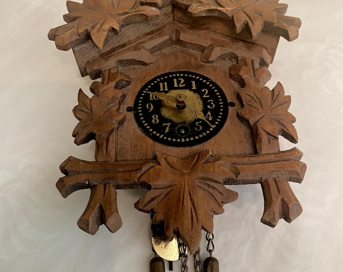 Rare Vintage German Wintermantel Carved Wooden Miniature Clock - In Perfect Working Order