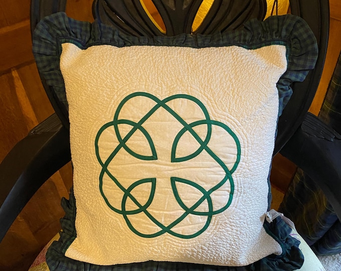 Quilted Celtic Knot Cushion with Black Watch Tartan Ribbon & Gathered Trim