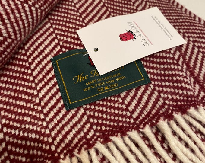 Your Monogram On A Lerwick Throw Winespark & Cream HerringBone 100% Pure New Wool by The Isle Mill, SCOTLAND