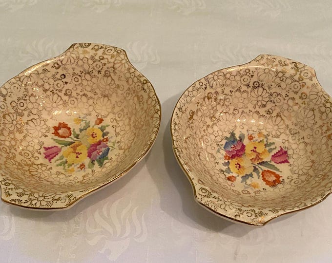 Pair of Pudding Bowls ~ Old English Needlepoint Pattern Vintage (1930's) by H & K Tunstall