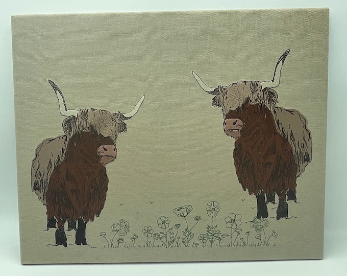 A Pair of Highland Coos - Embroidered on Natural Hessian Fabric on Canvas Frame