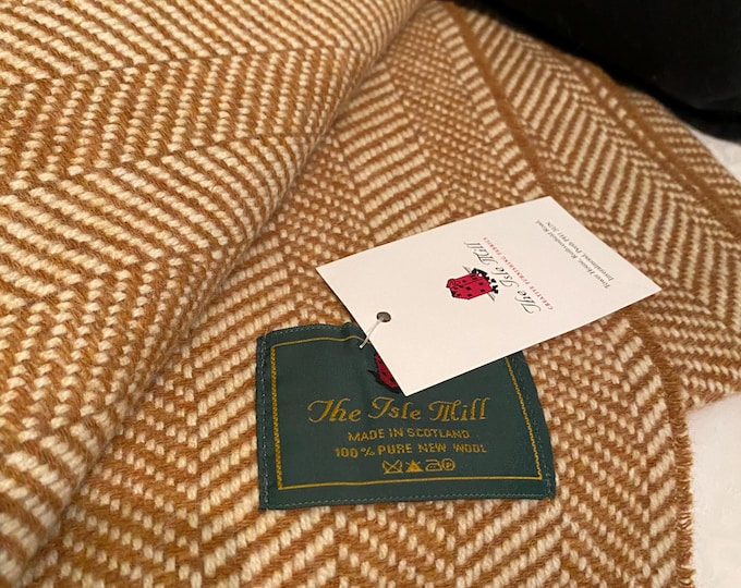 Your Monogram On A Lerwick Throw Caramel & Cream HerringBone 100% Pure New Wool by The Isle Mill, SCOTLAND