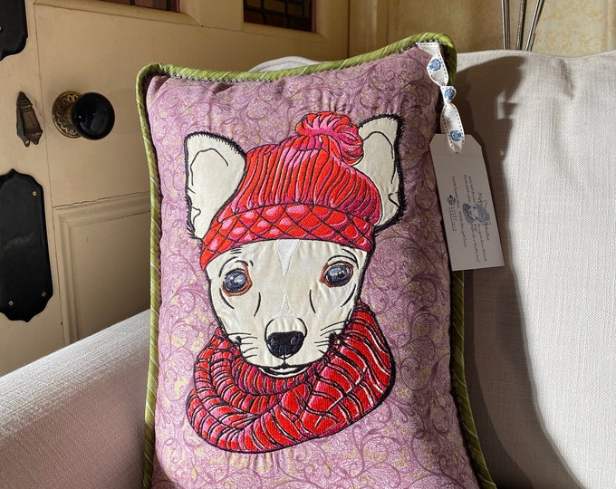 Hipster Chihuahua Cushion - One of a Kind Reverse Duisdale Heather 100% Pure New Wool