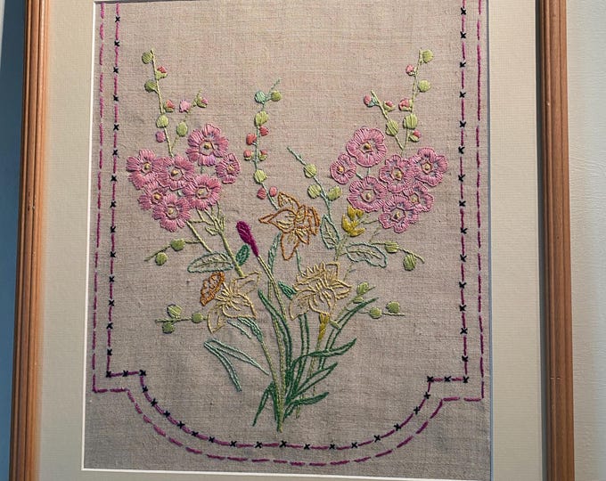 Vintage Framed Hand Embroidery ~ Wild Green, Pink, Purple, Gold Flowers on Beige Linen