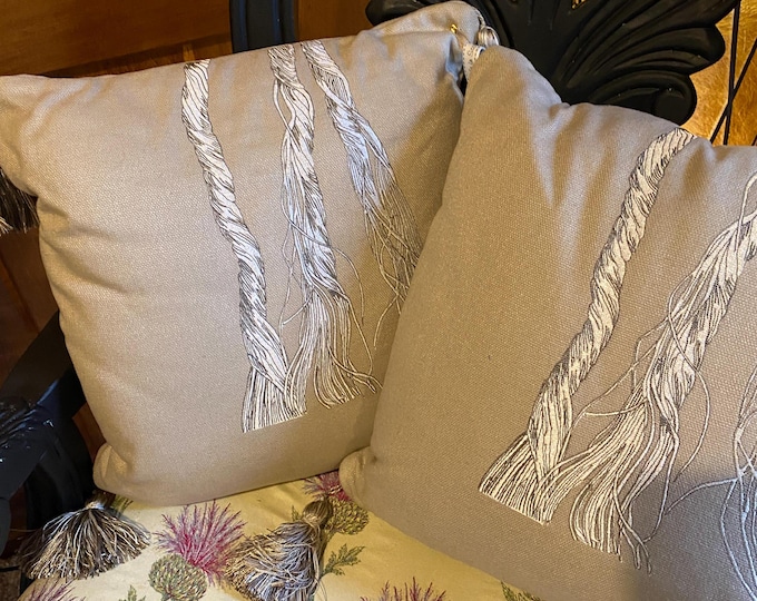 Limited Edition ONLY 2 Available "Frayed Rope & Stones" Tasselled Cushions with Sew Art Embroidery Inspired by Orkney Artist Eileen Sclater