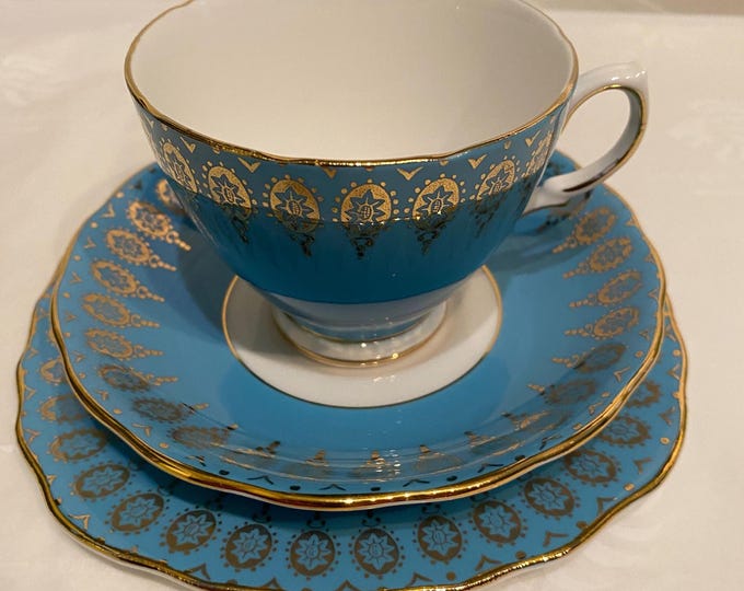1950's Colclough Harlequin Single Tea Trio Settings ~ Fabulous Colours All Trimmed in Gold
