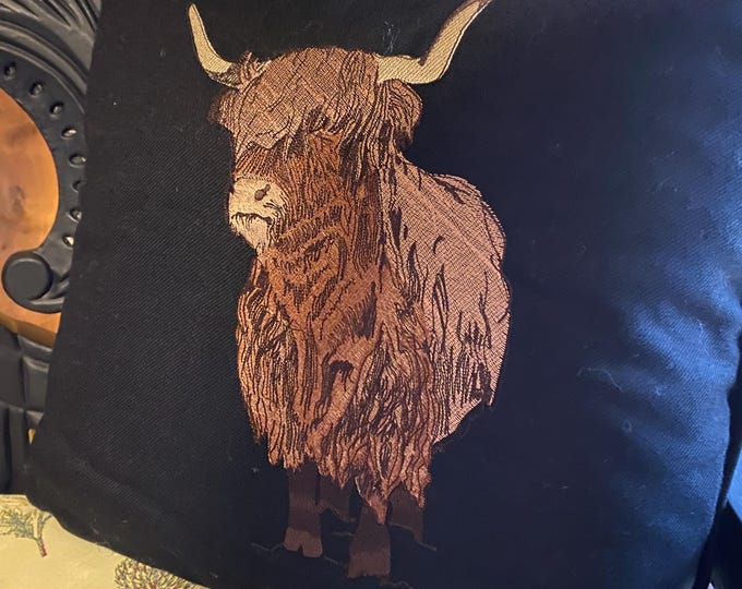Highland Coo Embroidered on Black 100% Pure New Wool with Fabulous Crazy Patchwork on Reverse Side