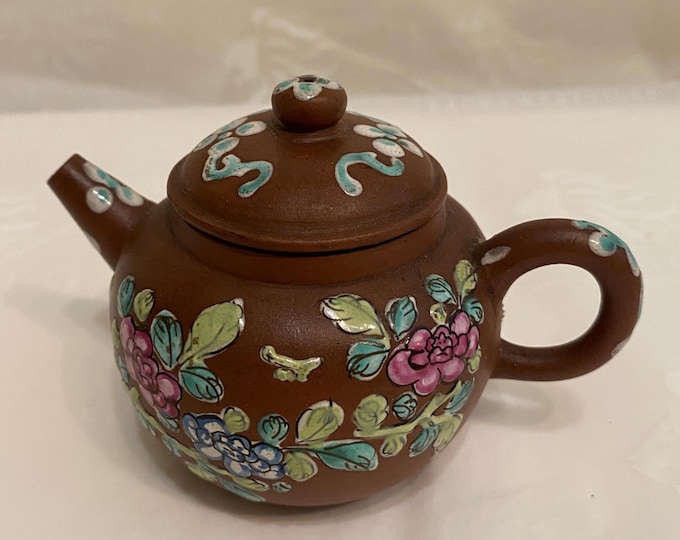 Chinese Miniature Yixing Teapot with Beautiful Hand Decorated Floral Enamel Artwork