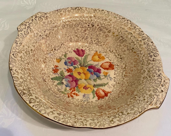 Fruit / Salad Large Server Bowl ~ Old English Needlepoint Pattern Vintage (1930's) H & K Tunstall