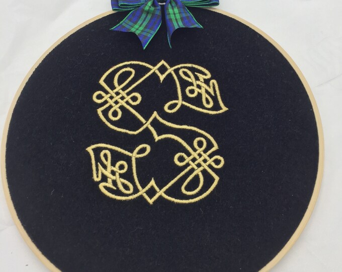 Embroidery Hoop - Celtic Letter "S" with Black Watch Tartan Bow