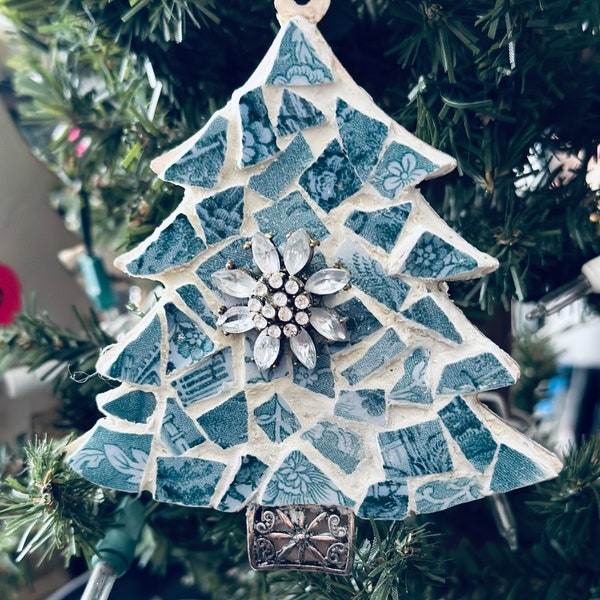 Blue and White Mosaic Broken China + Jewelry Christmas Ornament Handmade