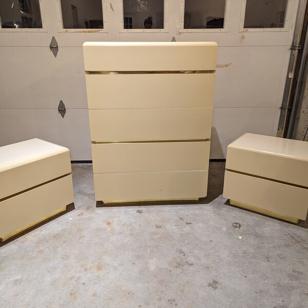 Vintage Lane Lacquer and Brass Tall Boy Dresser and Matching Nightstands