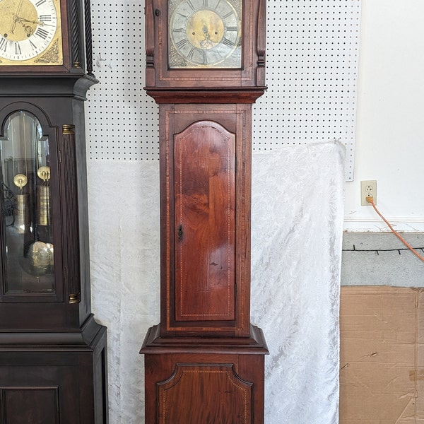 Antique Crotch Mahogany with Inlaid Wood Grandfather Tall Case Clock