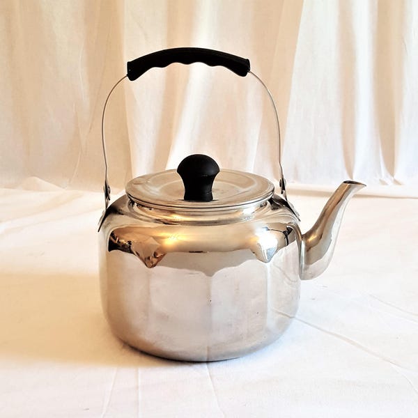 Vintage Farberware Stainless Steel Art Deco Paneled Swing Handle Teapot Tea Kettle