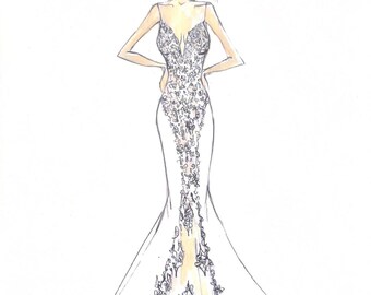 Custom Bridal Dress Sketch, Personalized Wedding Gift, Black & White Illustration
