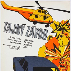 Oryginalny plakat filmowy Gumball Rally z Czechosłowacji Sztuka lat 80. Rosyjski helikopter i samochód kolekcjonerski Wystrój domu