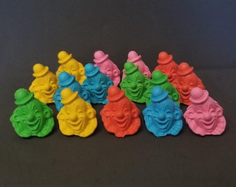 Vintage Diener Rubber Eraser Figures: Clown Heads CHOOSE Color, 2 Pieces